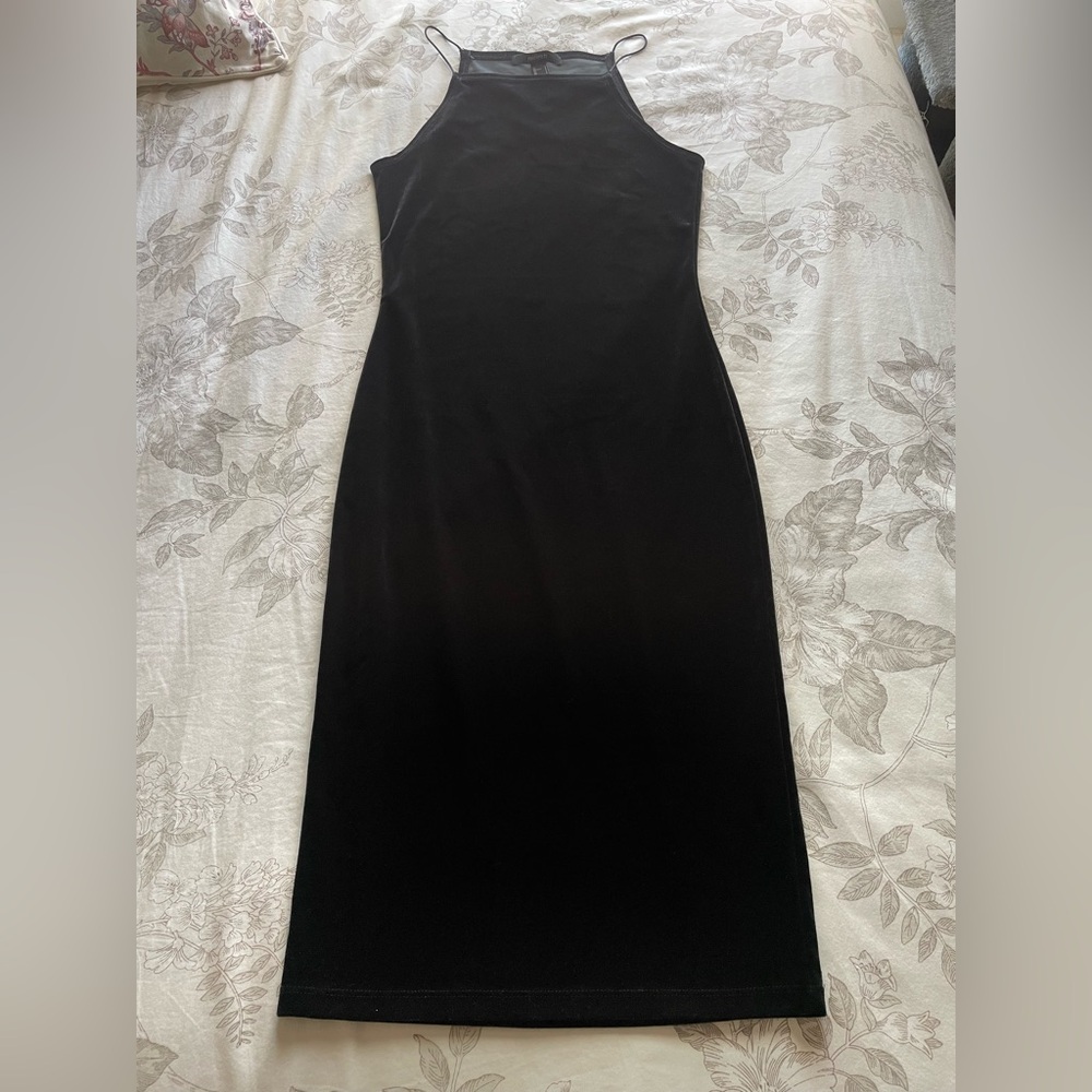 Black Velvet High Neck Bodycon‎ Midi Dress XS Small Slinky LBD Party Vamp Goth